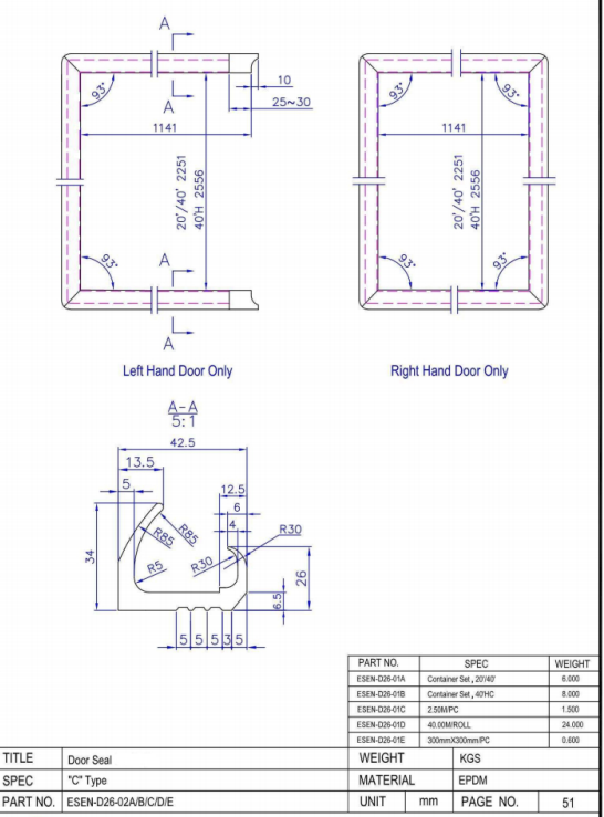 Joints d'étanchéité de porte pour conteneurs maritimes (lot)