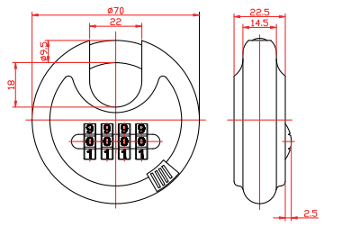 Cadenas disque à combinaison à 4 chiffres 70mm